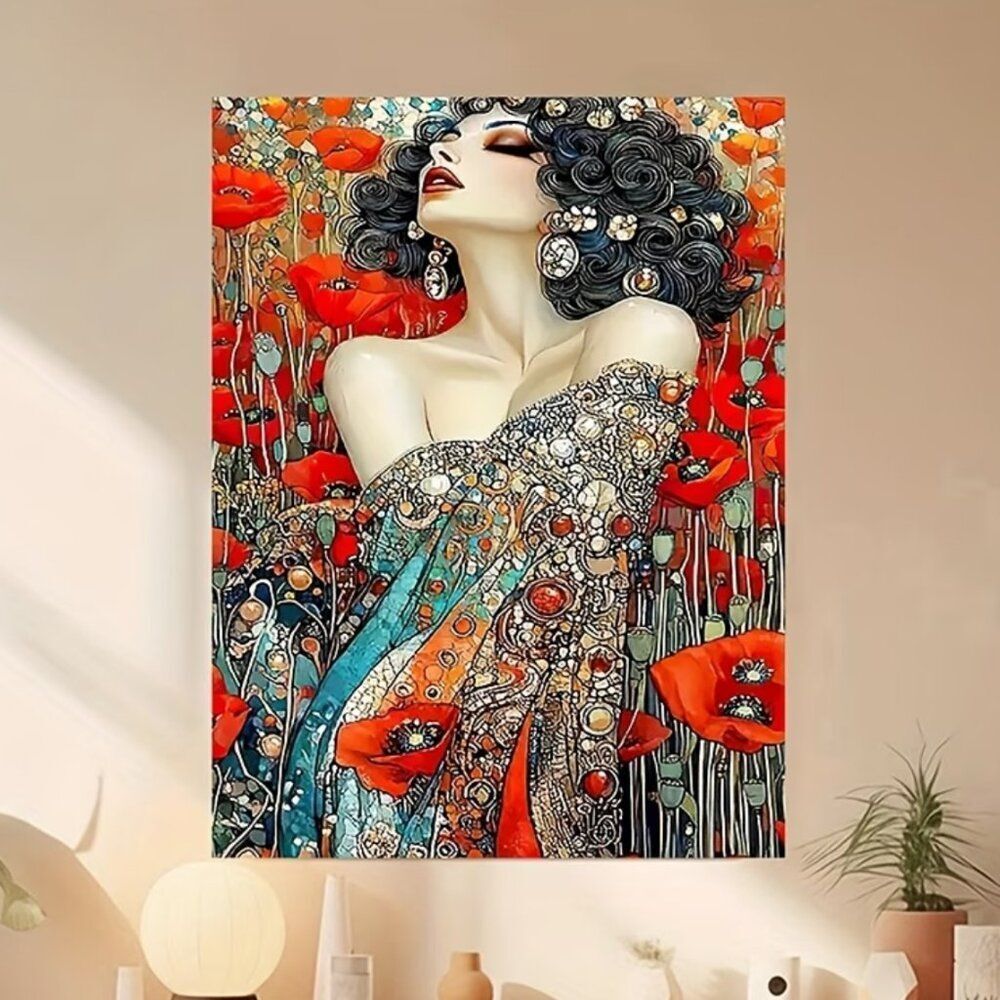 NWT Art Nouveau Poppy Woman Canvas Wall Art Klimt Style Frameless Print 16x24